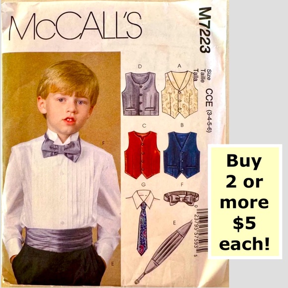 McCall’s M7223 Formal Vest, Cummerbund, Bow and Neck Tie (Children’s 3-6) - Picture 1 of 9